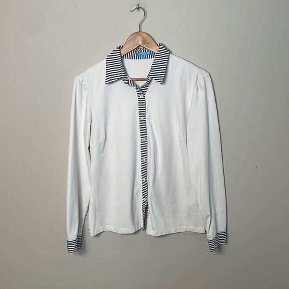 J. McLaughlin Striped Trim Button Up Catalina Cloth Shirt Medium - Picture 1 of 6